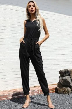 Drawstring Waist Zip Back Sleeveless Jumpsuit