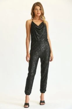 Fate Black Cowl Neck Sequin Jumpsuit