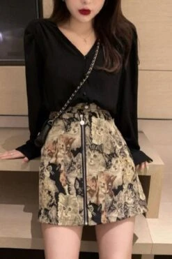 Vintage Cute Tapestry Cats Pattern Tube Mini Skirt -Layer Outfit 36955255668992 3