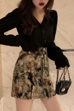 Vintage Cute Tapestry Cats Pattern Tube Mini Skirt -Layer Outfit 36955255767296 4
