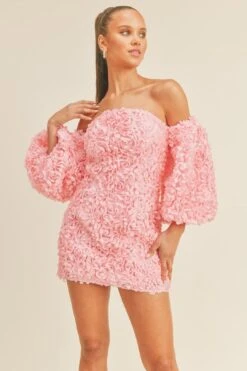 3D Floral Balloon Sleeve Mini Dress -Layer Outfit 37068043944085 1