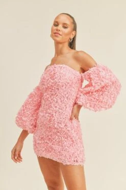 3D Floral Balloon Sleeve Mini Dress -Layer Outfit 37068044959893 3