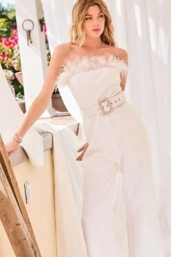 Feather Trimmed Jumpsuit, White -Layer Outfit 37949817356524 3