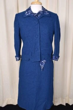 1950s Blue 3pc Tweed Skirt Suit