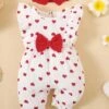 2PCS Cute Allover Heart Printed Bowknot Decor Sleeveless Jumpsuit -Layer Outfit 38919010386140 1