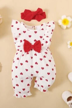 2PCS Cute Allover Heart Printed Bowknot Decor Sleeveless Jumpsuit
