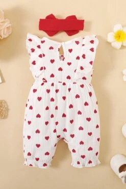 2PCS Cute Allover Heart Printed Bowknot Decor Sleeveless Jumpsuit -Layer Outfit 38919010451676 3