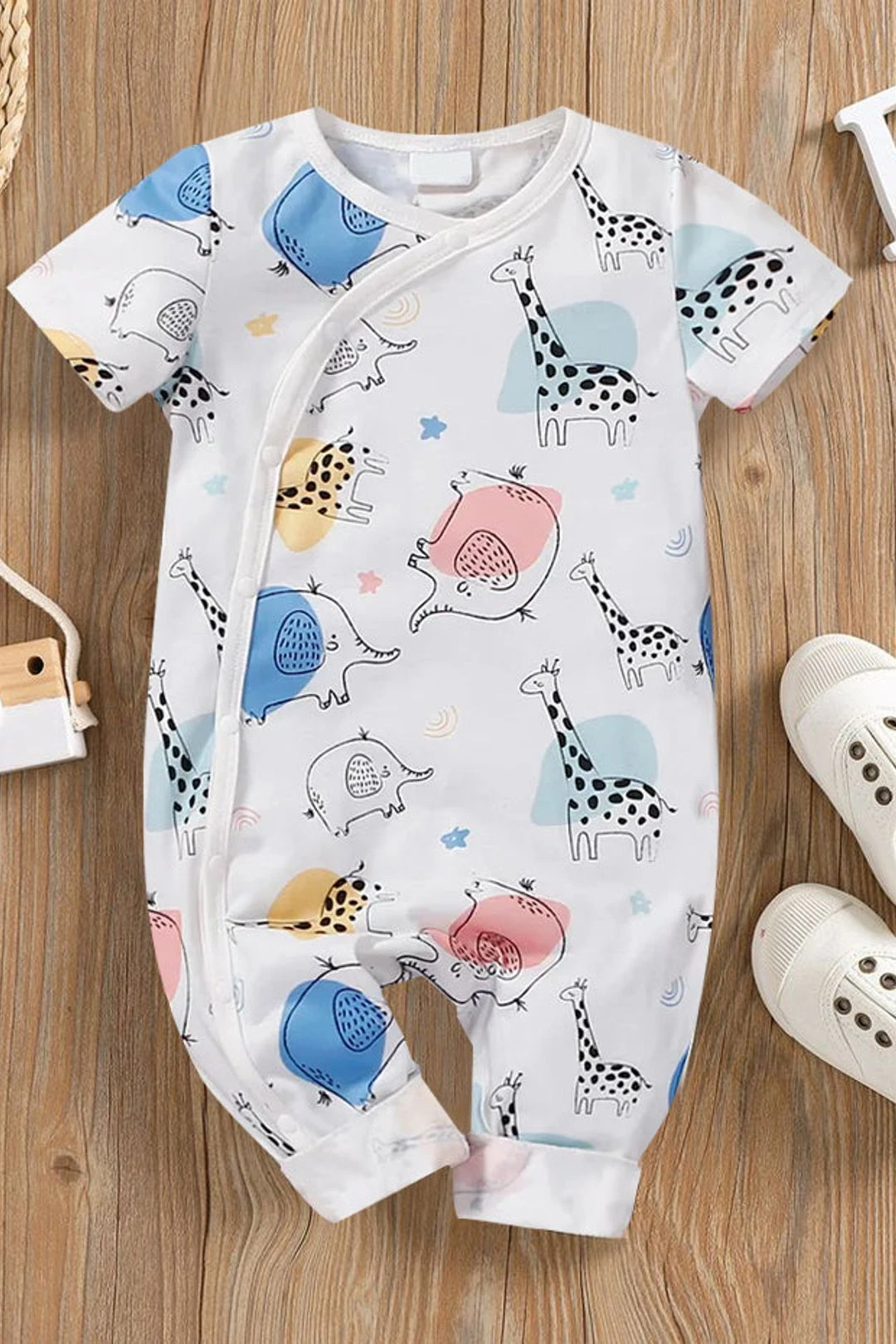 Cute Allover Elephant Giraffe Printed Baby Jumpsuit 3 Cute Allover Elephant Giraffe Printed Baby Jumpsuit