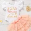 3PCS The Princess Has Arrived Letter Printed Bow Tie Skirt Baby Set -Layer Outfit 38949662294236 1