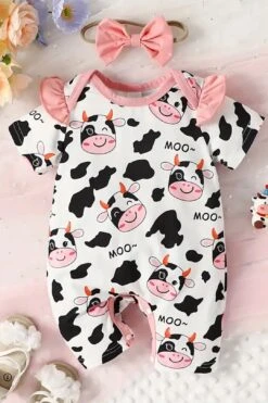 2PCS Sweet Allover Cow Printed Baby Girl Jumpsuit