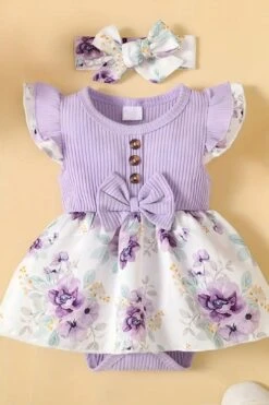 Sweet Floral Printed Bow Front Ruffle Trim Baby Romper Skirt