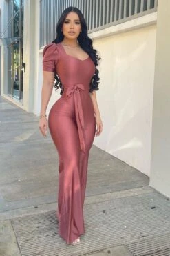 WITH LOVE Satin Bandage Shoulder Puff Sleeve Jumpsuit 8 WITH LOVE Satin Bandage Shoulder Puff Sleeve Jumpsuit -Layer Outfit 39044227891458 4