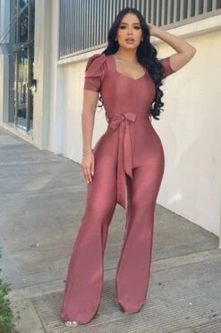 WITH LOVE Satin Bandage Shoulder Puff Sleeve Jumpsuit 7 WITH LOVE Satin Bandage Shoulder Puff Sleeve Jumpsuit -Layer Outfit 39044227924226 3