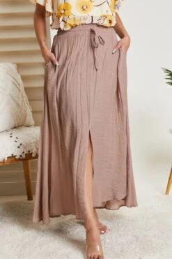 Sweet Lovely By Jen Full Size Leaps And Bounds Slit Maxi Skirt In Mocha