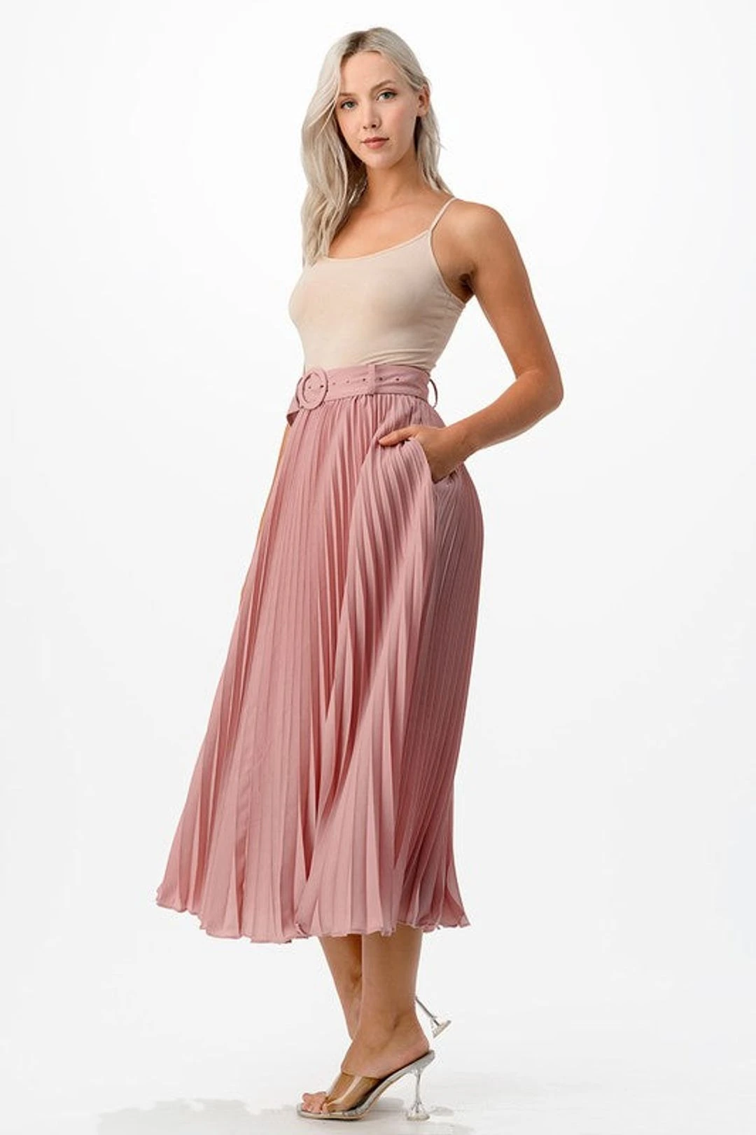 Pleated W/ Belt Dusty Pink Skirt 4 Pleated W/ Belt Dusty Pink Skirt - Image 2