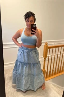 BLUE ACID WASH TIERED RUFFLE MAXI SKIRT
