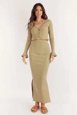 ALINA MIDI SKIRT - OLIVE RIBBED -Layer Outfit 39573712044250 5