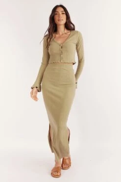 ALINA MIDI SKIRT - OLIVE RIBBED