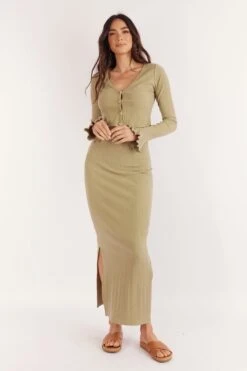 ALINA MIDI SKIRT - OLIVE RIBBED -Layer Outfit 39573712175322 3
