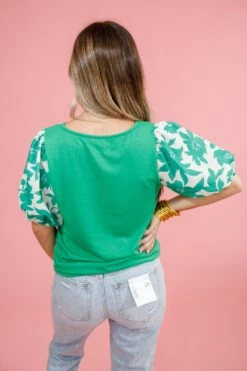 Green Floral Puff Sleeve Top