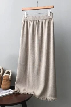 [Korean Style] Cinched Waist Frayed Hem Winter Long Skirt W/ Back Slit -Layer Outfit 39971858514226 14