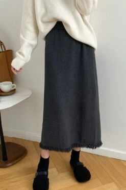 [Korean Style] Cinched Waist Frayed Hem Winter Long Skirt W/ Back Slit -Layer Outfit 39971858874674 4