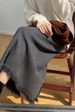 [Korean Style] Cinched Waist Frayed Hem Winter Long Skirt W/ Back Slit -Layer Outfit 39971859005746 5