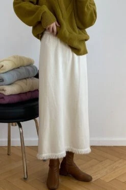 [Korean Style] Cinched Waist Frayed Hem Winter Long Skirt W/ Back Slit -Layer Outfit 39971859792178 3