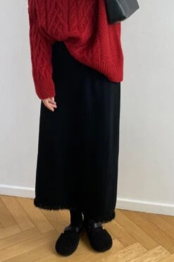 [Korean Style] Cinched Waist Frayed Hem Winter Long Skirt W/ Back Slit -Layer Outfit 39971860382002 10