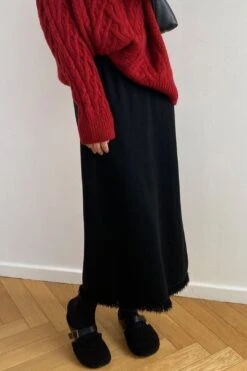 [Korean Style] Cinched Waist Frayed Hem Winter Long Skirt W/ Back Slit -Layer Outfit 39971860578610 12
