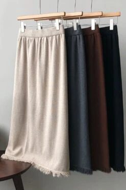 [Korean Style] Cinched Waist Frayed Hem Winter Long Skirt W/ Back Slit -Layer Outfit 39971860971826 16