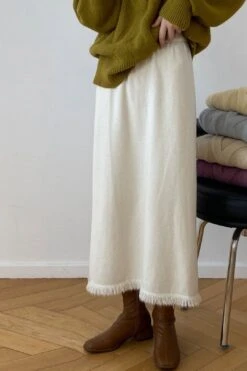 [Korean Style] Cinched Waist Frayed Hem Winter Long Skirt W/ Back Slit