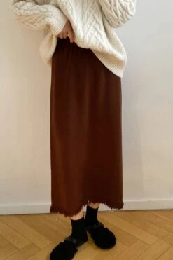 [Korean Style] Cinched Waist Frayed Hem Winter Long Skirt W/ Back Slit -Layer Outfit 39971971137842 9