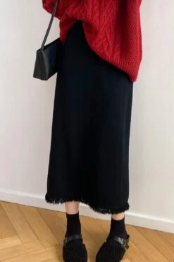 [Korean Style] Cinched Waist Frayed Hem Winter Long Skirt W/ Back Slit -Layer Outfit 39971971268914 11