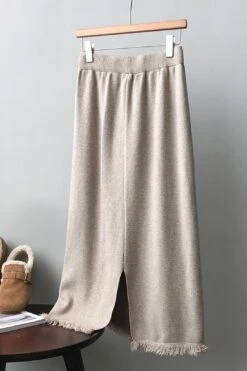 [Korean Style] Cinched Waist Frayed Hem Winter Long Skirt W/ Back Slit -Layer Outfit 39971971301682 15