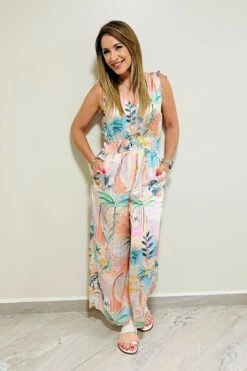 V-neck Palm Peach Jumpsuit