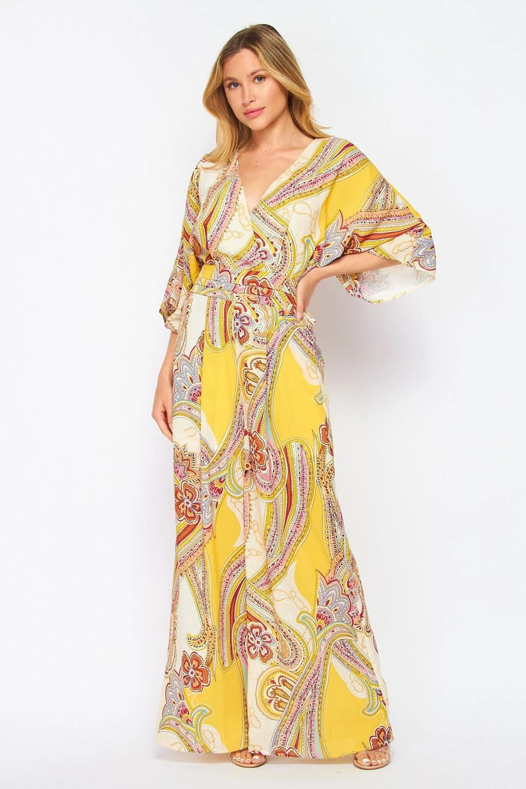 V-neck Yellow Paisley Jumpsuit 3 V-neck Yellow Paisley Jumpsuit