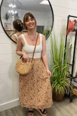 Floral Pleated Lined Midi Skirt