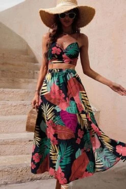 Boho Floral Two Piece Crop Top Skirt Set
