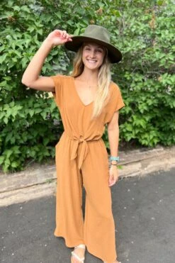 V-Neck Short Sleeve Front Tie Jumpsuit