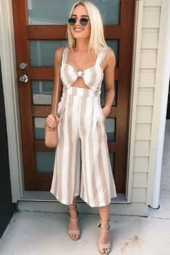 Khaki Striped Hollow Smart Casual Jumpsuit