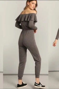 Women Waist Knot Sexy Ruffle Bardot Jumpsuit / Off The Shoulder Yogawear