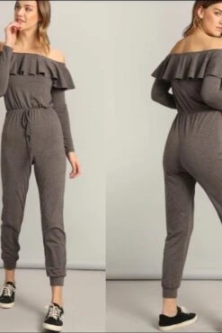 Women Waist Knot Sexy Ruffle Bardot Jumpsuit / Off The Shoulder Yogawear -Layer Outfit 4519995867189 3