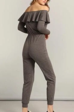 Women Waist Knot Sexy Ruffle Bardot Jumpsuit / Off The Shoulder Yogawear -Layer Outfit 4519995899957 4