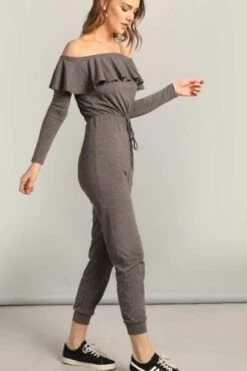 Women Waist Knot Sexy Ruffle Bardot Jumpsuit / Off The Shoulder Yogawear -Layer Outfit 4519996555317 5