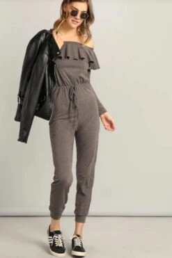 Women Waist Knot Sexy Ruffle Bardot Jumpsuit / Off The Shoulder Yogawear -Layer Outfit 4519996817461 7