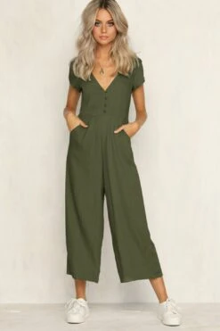 V-neck Fashion Casual Pants Button Jumpsuit -Layer Outfit 7103594954841 4