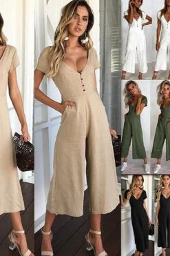 V-neck Fashion Casual Pants Button Jumpsuit -Layer Outfit 7103595151449 5