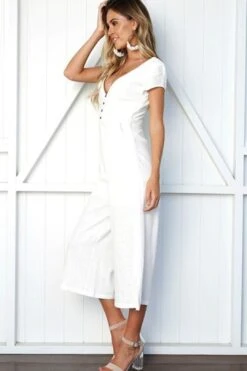 V-neck Fashion Casual Pants Button Jumpsuit -Layer Outfit 7103595282521 7