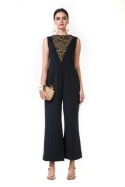 Rent Black Jumpsuit With A Chained Yoke Embroidery